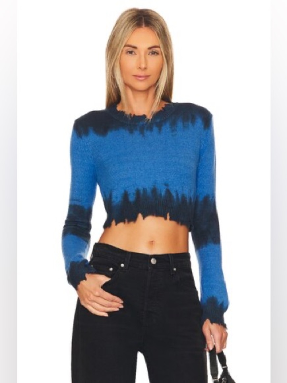 Superdown Narelle Blue Black Tie Dye Distressed Crop Sweater XS